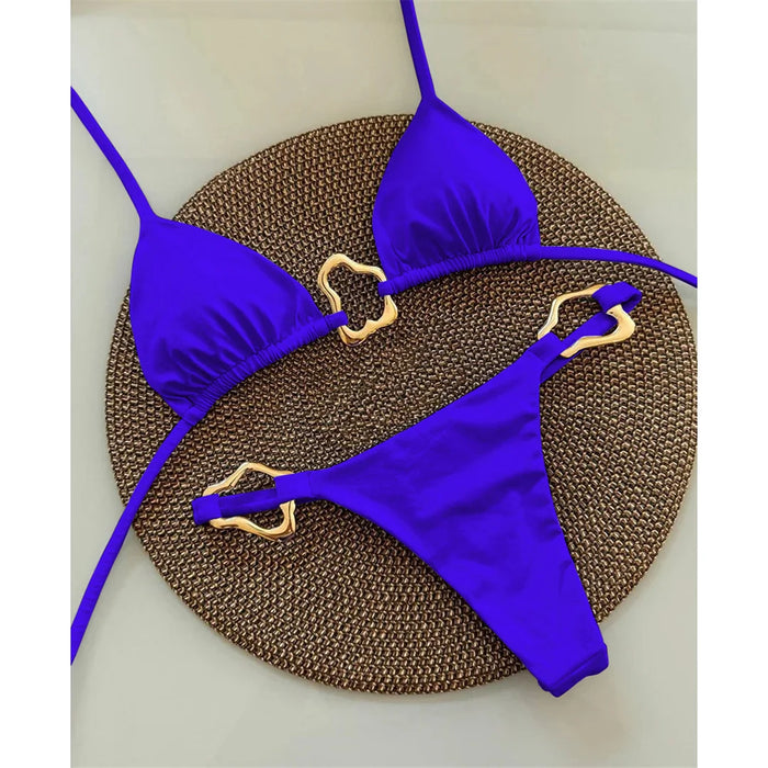 S - XL New 7 Colors Halter Metal Ring Bikini Female Swimsuit Women Swimwear Two-pieces Bikini set Bather Bathing Suit Swim V6406