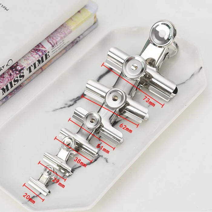 5PCS/Set Metal Paper Clip 20 29 38 51 62 73mm Foldback Metal Binder Clips Silver Grip Clamps Document Office School Stationery