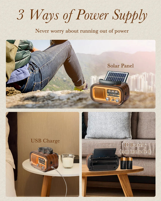 PRUNUS J-150 Retro Vintage Radio Bluetooth, Portable Radio AM FM Transistor Solar/Battery Operated Radio/Rechargeable Radio