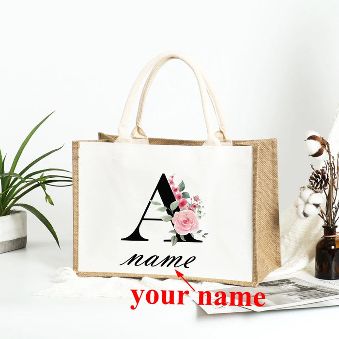 Personalized Name Burlap Tote Shopper Bridesmaid Large Jute Gift Bag Linen