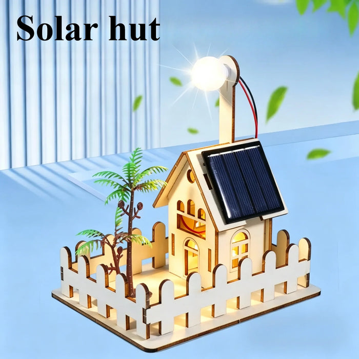 Solar hut with a white picket fence and a small fan