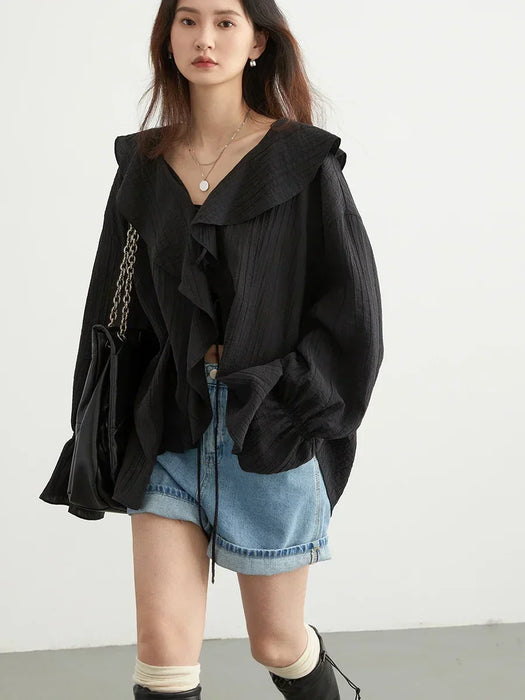CHIC VEN Women Shirt Loose Casual Ruffled Edges Female Blouses V Neck Lace Up Mid Length Woman Shirts Spring Summer 2026