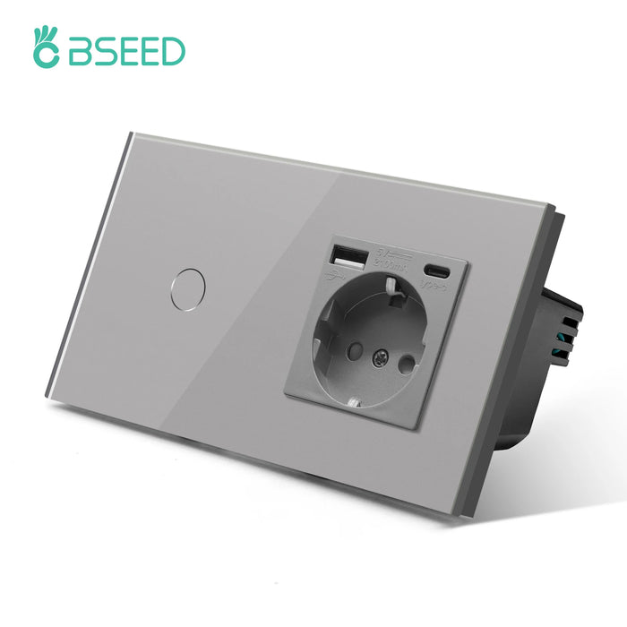 Bseed EU Standard 1/2/3Gang Light Touch Switches Home Wall Switches Gray Glass Sensor Switches Type-c USB Power Charge Sockets