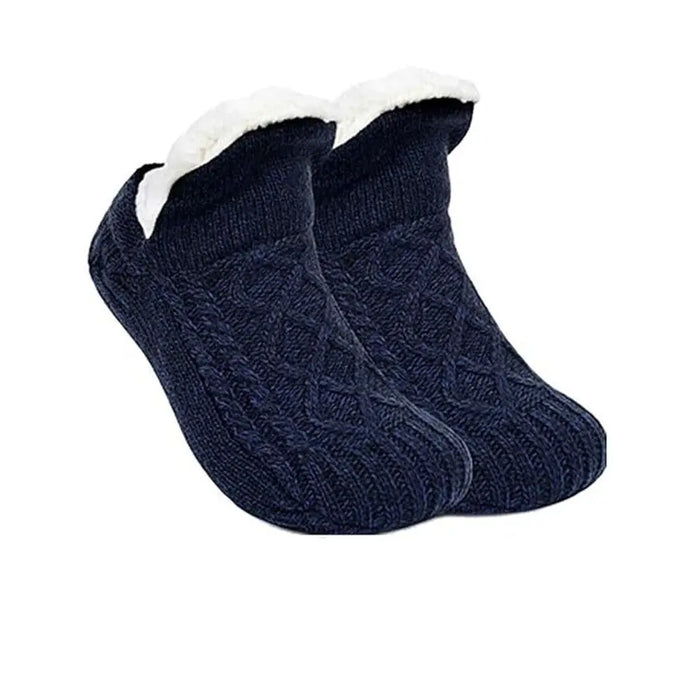 Navy solid knit slipper socks with white plush lining