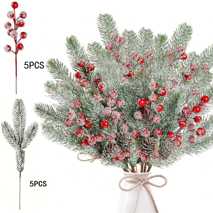 Snow White Artificial Pine Needle Berry Bouquet Christmas Decoration for Xmas Tree Garland Ornament Home Decor New Year DIY Gift