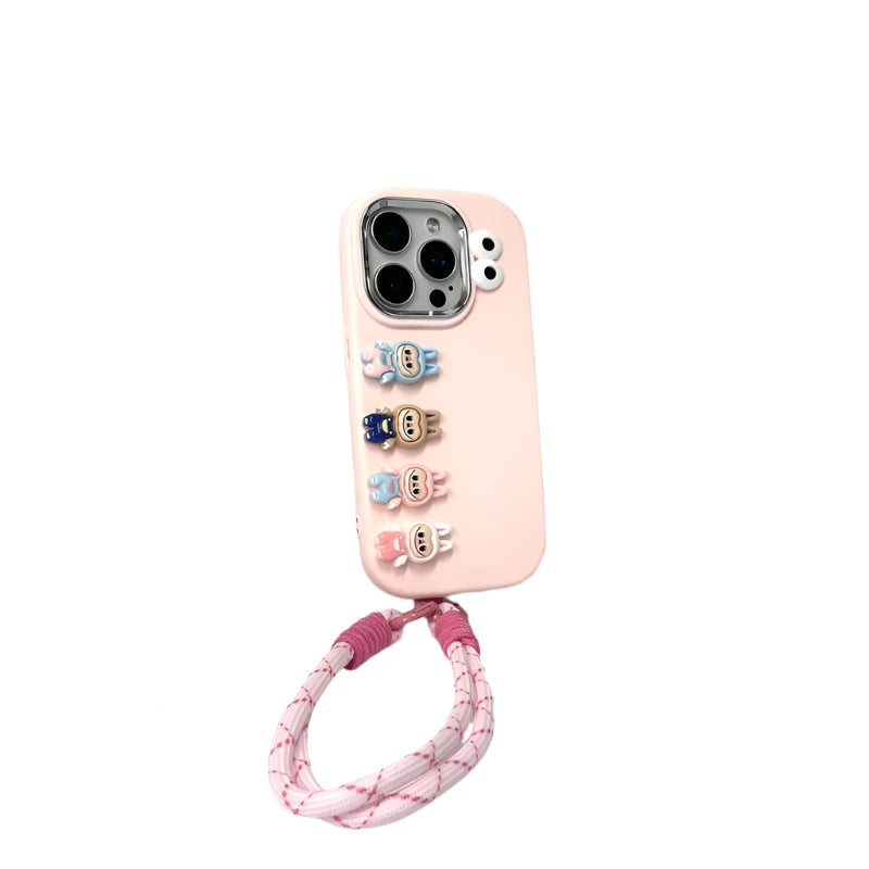 3D labubu Cartoon Phone Case For iPhone 16 15 14 13  Plus Pro Max With Wrist Strap Cute Eyes Soft Cover