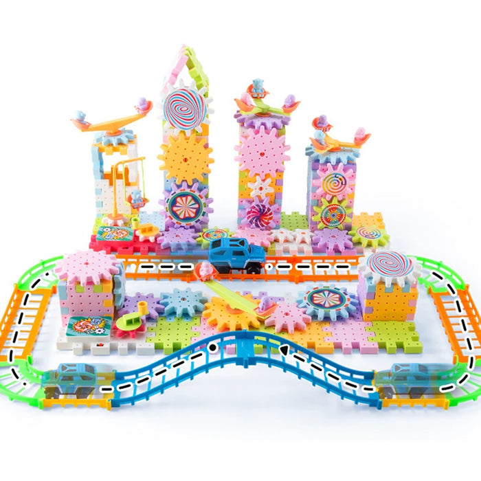 Electric gear building block fun park with track and car