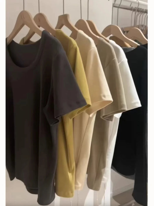 plus Size White Short Sleeve U-Neck T-Shirt Women's Trendy Shoulder Appropriate Summer Slimming Belly Covering Korean Style
