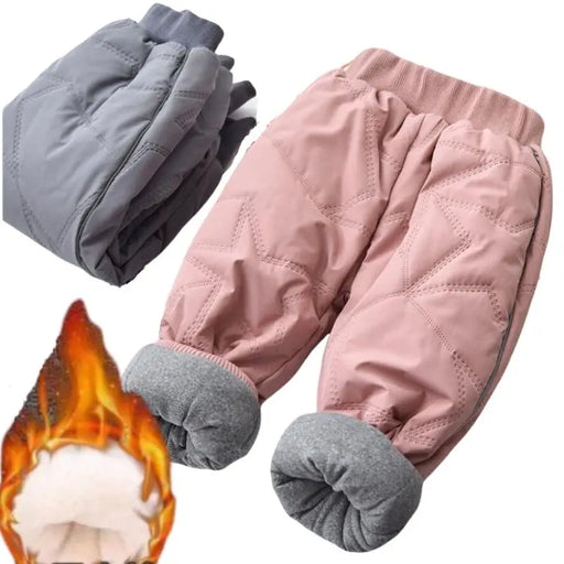 Grey and pink quilted kids' winter pants with a close-up of the plush lining
