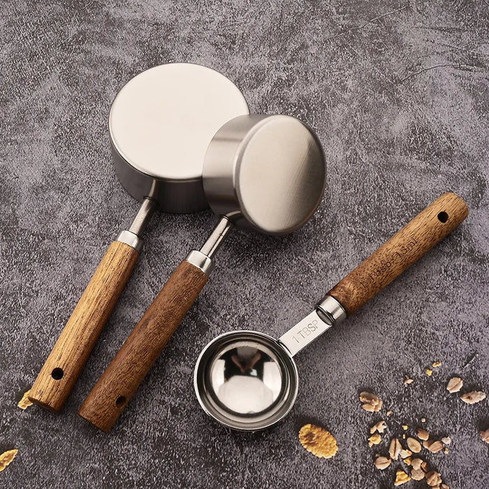 Gold Wooden Handle Stainless Steel Measuring Cups Spoons Baking Tools Coffee Measuring Spoon Set Bartending Scale Accessories