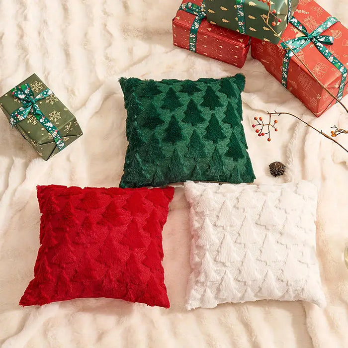 Green, red and white tree pattern cushion covers with gifts