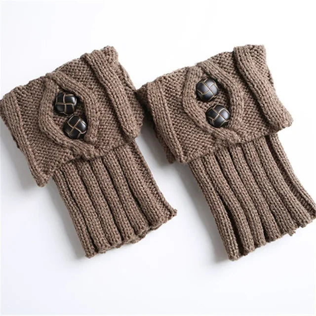 Pair of khaki knit leg warmers with two buttons