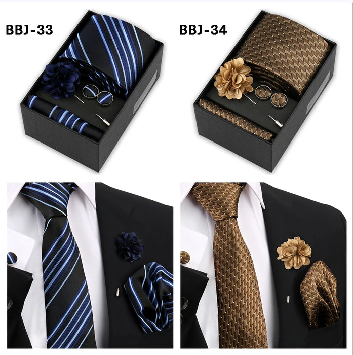 Four men's tie gift sets in assorted patterns with style codes