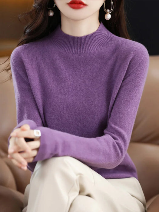 Fashion 100% Wool Sweater Women's Mock-Neck Knitwear Cashmere Pullovers Autumn Winter Long Sleeve Jumpers Clothing Tops
