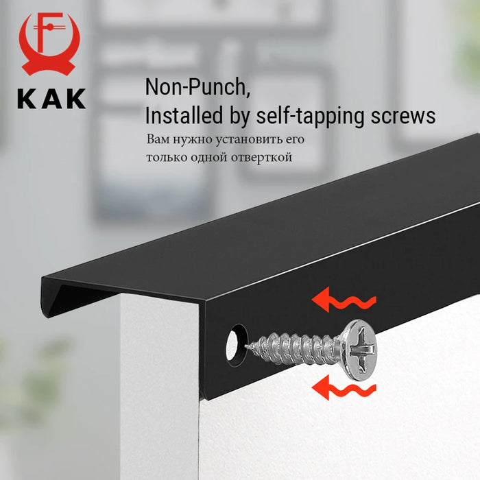 KAK Hidden Long Furniture Handles Black Kitchen Cabinet Handle Pulls Non Punched Aluminum Alloy Cupboard Door Handle Hardware