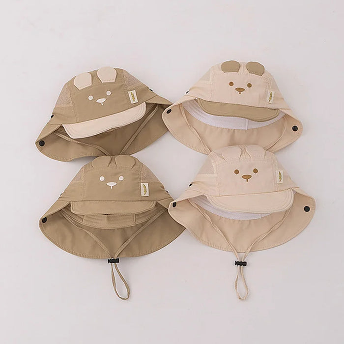 Summer Baby Hat Cartoon Bear Ear Embroidery Quick Dry Fisherman Hats for Boys Girls Neck Protection Kids Panama Hat Breathable