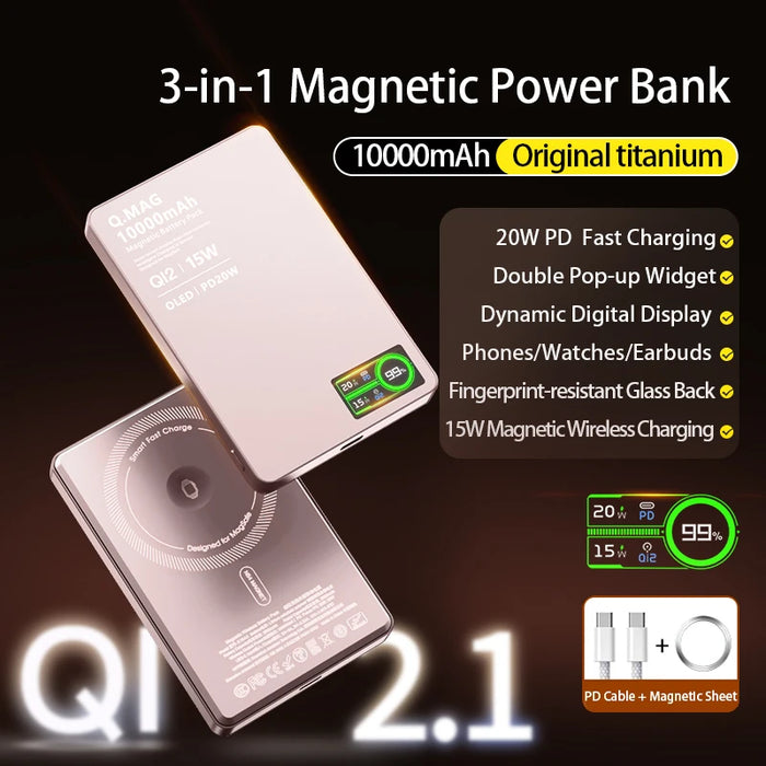 10000mAh Ultra Thin Magnetic 3 in 1 Wireless Power Bank 20W USB C Fast Charging External Battery for iPhone Airpods Apple Watch