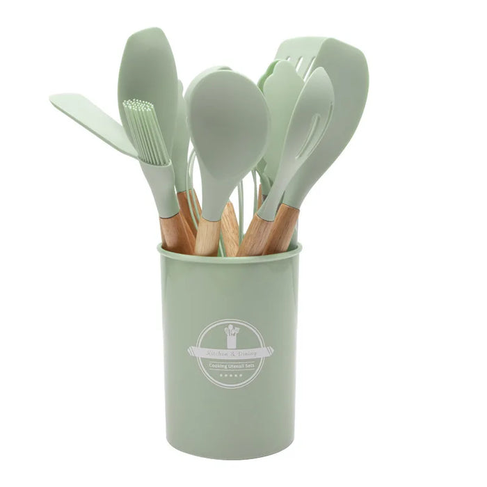High Temperature Resistant Silicone Kitchenware with Wooden Handle12Set of Cooking Ladel Cream Scraper Tongs Egg Beater