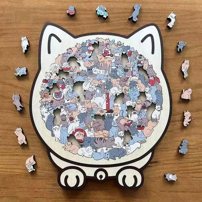 135pcs Cat-shaped Wooden Jigsaw Puzzle Unique Irregular Puzzle Pieces Game Birthday Xmas Gifts for Cat Lovers Home Decorations