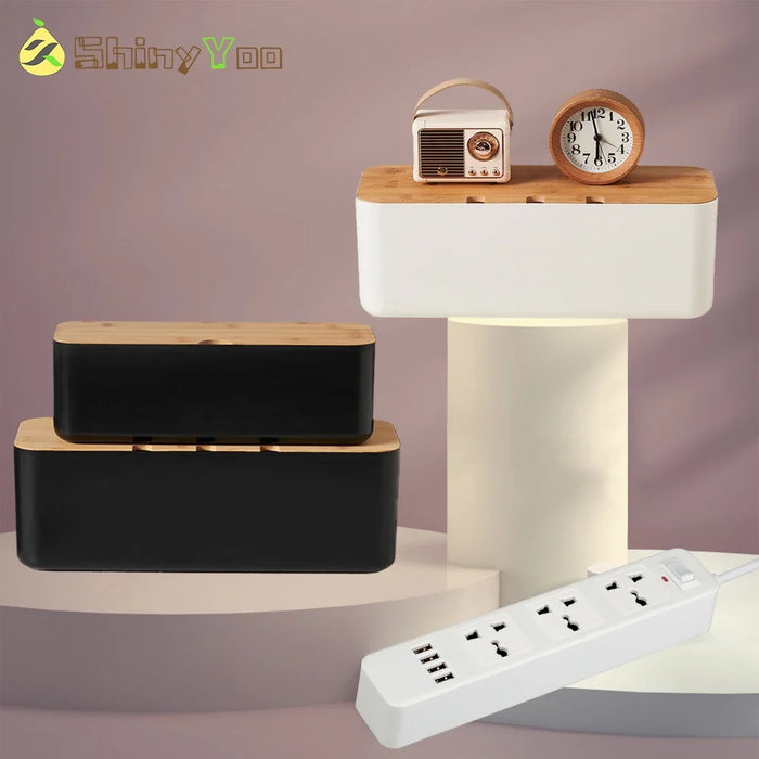 Cable Management Box, Bamboo Cover Wire Junction Board Storage Box, Hide Wires & Power Strips, Desk Computer Cable Organizer Box