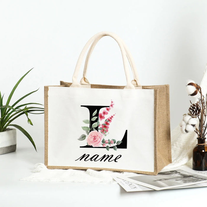 Personalized Name Burlap Tote Shopper Bridesmaid Large Jute Gift Bag Linen