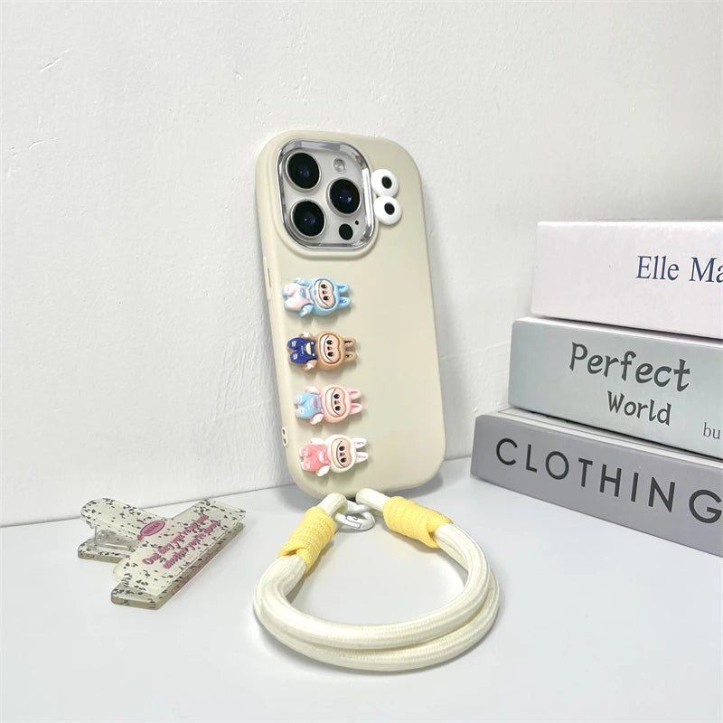 3D labubu Cartoon Phone Case For iPhone 16 15 14 13  Plus Pro Max With Wrist Strap Cute Eyes Soft Cover