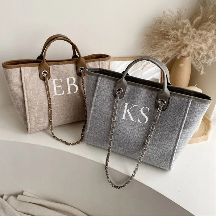 Personalised Chain Monogram Canvas Tote Bag Shoulder Bag