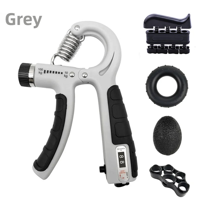 Grey 5-piece grip set: gripper, finger trainer, grip ring, grip ball and finger stretcher
