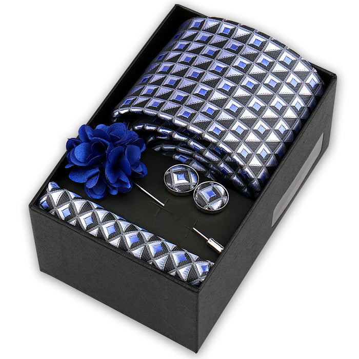 Men's tie gift set, style BBJ-06: tie, pocket square, cufflinks and pins in a gift box