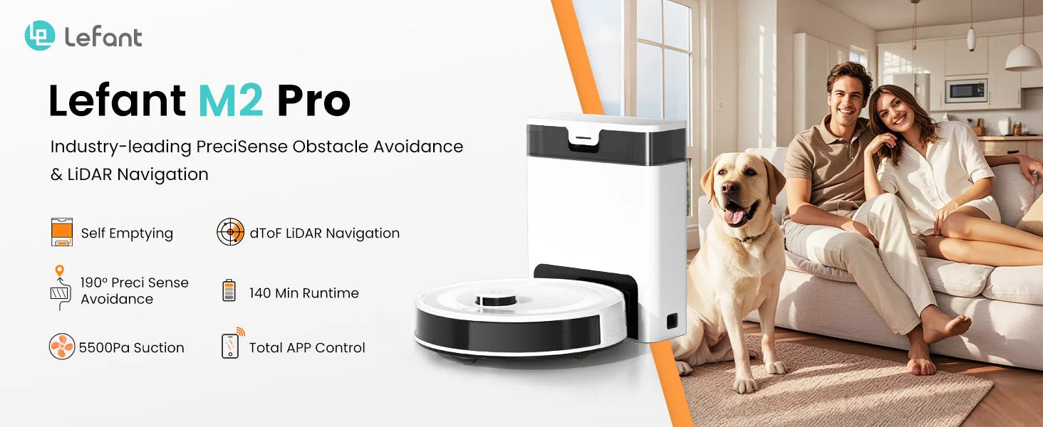 Lefant M2Pro Robot Vacuum with Mop,Self-Emptying, 5500Pa , DTOF Laser Navigation, PSD Obstacle Avoidance, Wi-fi/Alexa Control