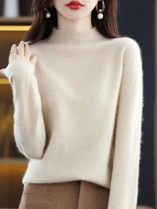 Fashion 100% Wool Sweater Women's Mock-Neck Knitwear Cashmere Pullovers Autumn Winter Long Sleeve Jumpers Clothing Tops