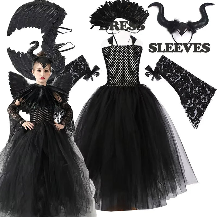 2026 New Halloween Costume Tulle Dress for Girls Cosplay Evil Queen Black Mesh Princess Dress Kids Clothes