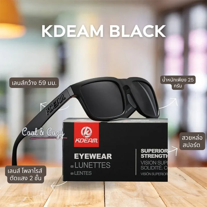 KDEAM black square sunglasses on their box