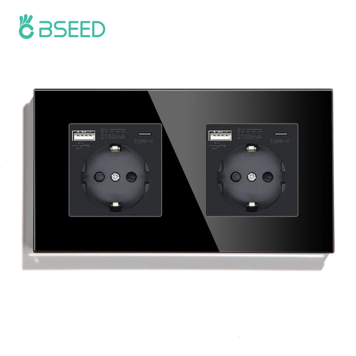 BSEED EU Standard Wall Electrical Sockets Type-C Outlets Wall Power Socket USB Charge Port Glass Panel Kids Protection 16A