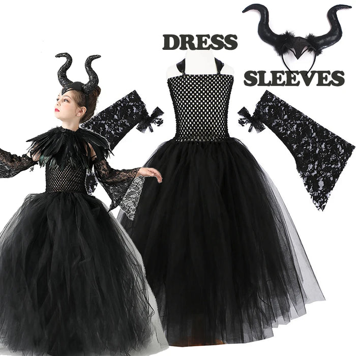 2026 New Halloween Costume Tulle Dress for Girls Cosplay Evil Queen Black Mesh Princess Dress Kids Clothes
