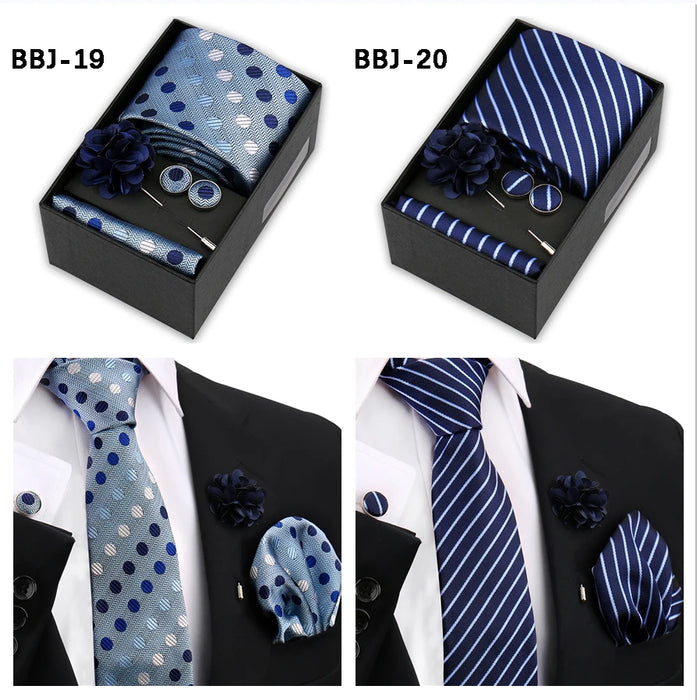 Four men's tie gift sets in assorted patterns with style codes