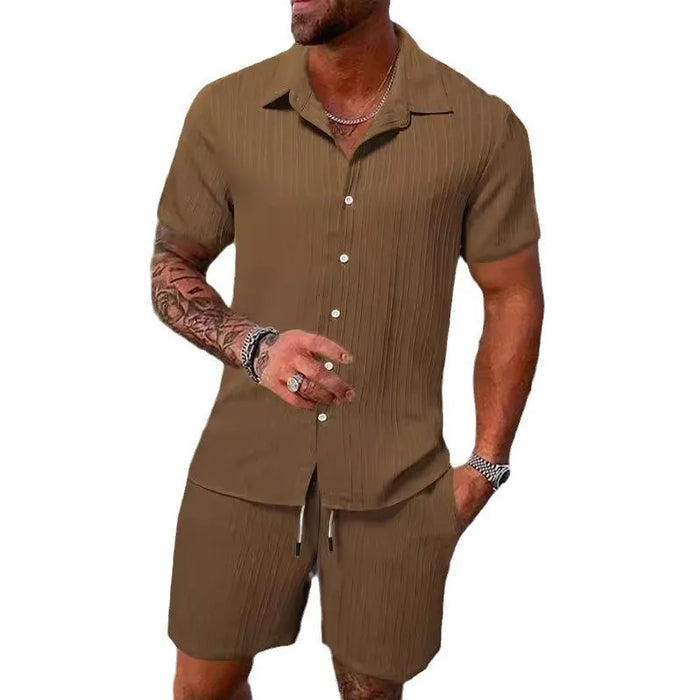 Man in a coffee brown short sleeve shirt and shorts set