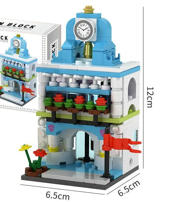 Clock tower flower shop building block model, 12 cm tall