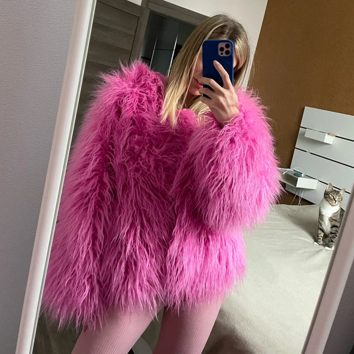 Fur Coats Women Fashion Pink Faux Fur Coat Elegant Thick Warm