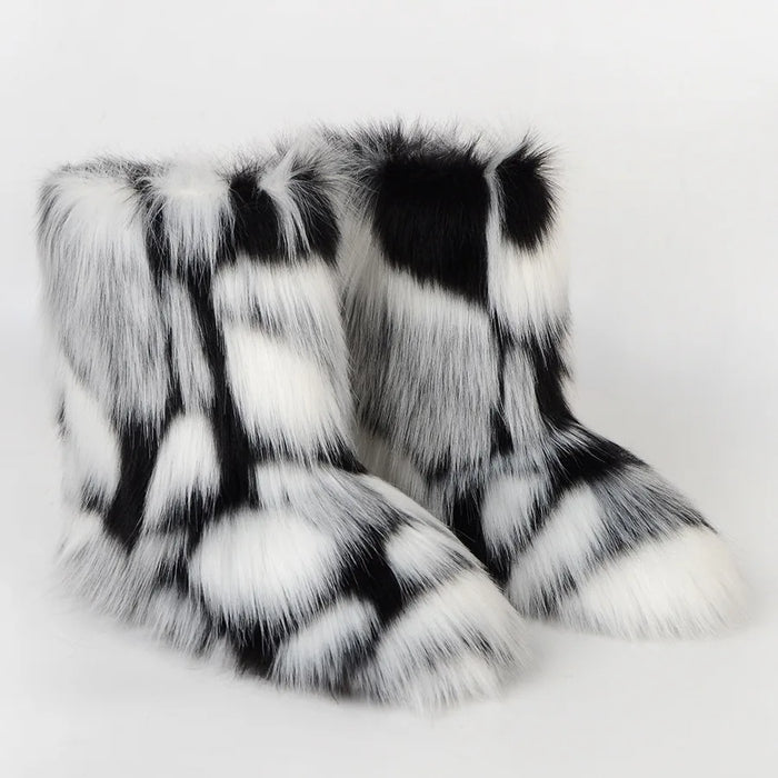 Women Faux Fur Boots Winter Fluffy Plush Warm Mid Calf Snow Boots Luxury Fashion Furry Boots Comfortable Outdoor Flat Shoes