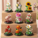Flower bouquets in domes on shelves: lilies, tulips, sunflowers, roses and peonies
