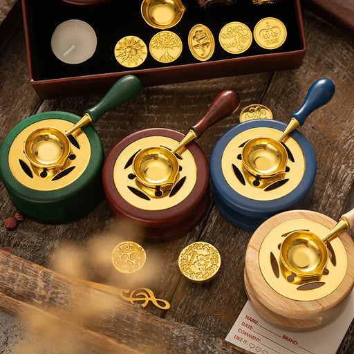 Wax seal melting stoves in green, red, blue and natural wood with gold spoons