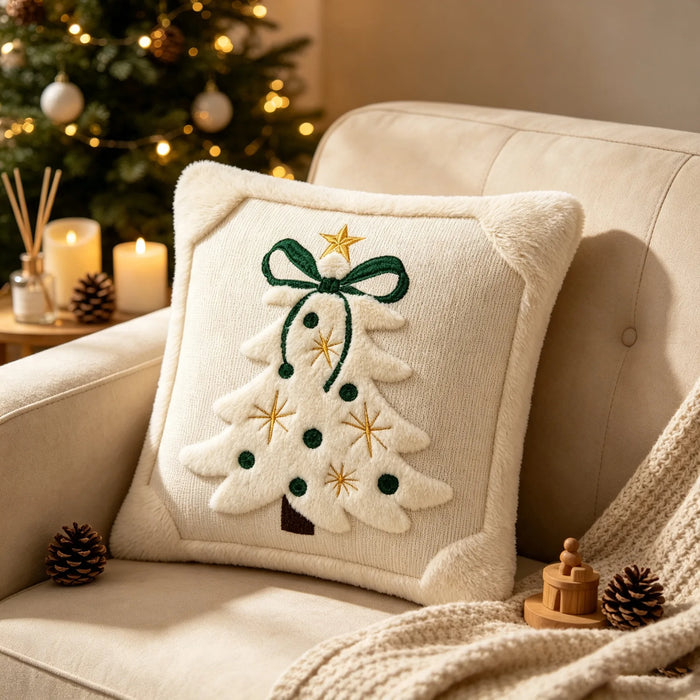 Beige embroidered Christmas tree cushion on a cream chair