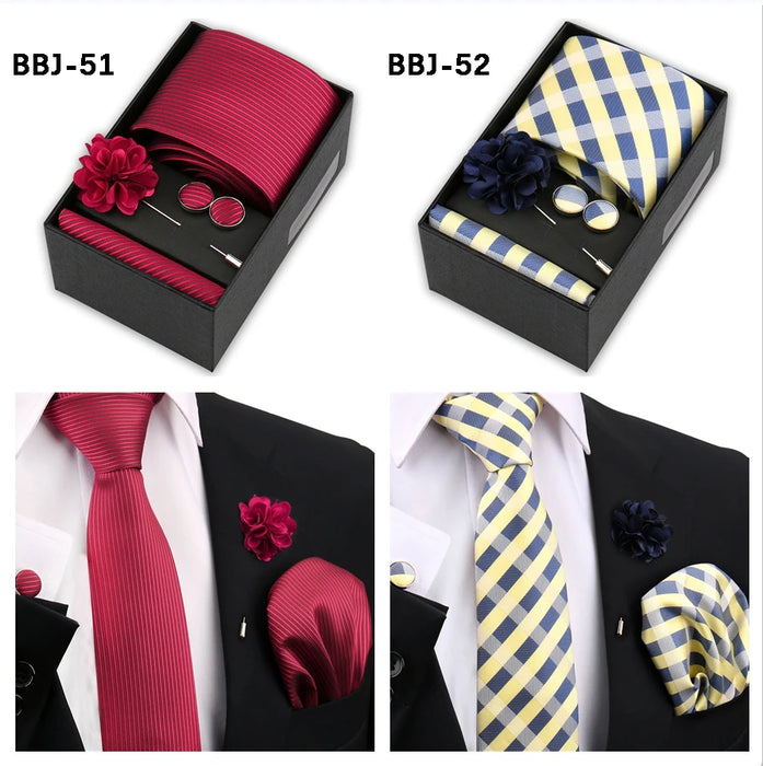 Four men's tie gift sets in assorted patterns with style codes