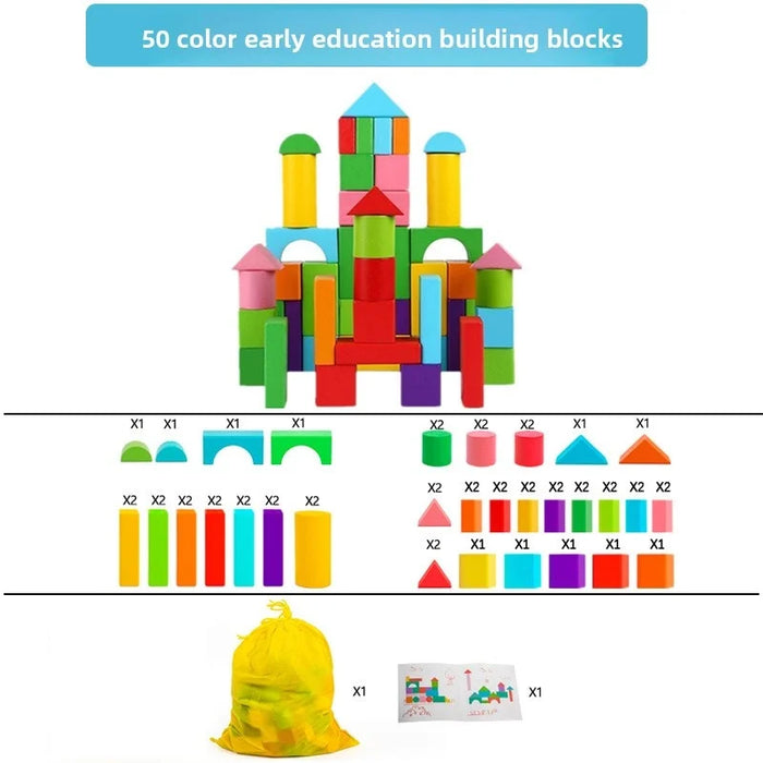 50-piece wooden building block set with piece list and mesh bag