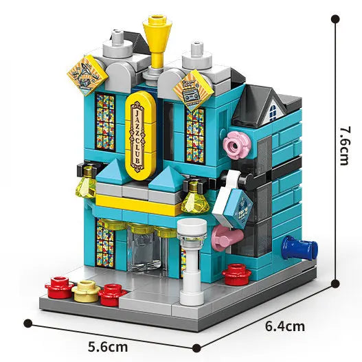 Teal jazz club building block model, 7.6 cm tall