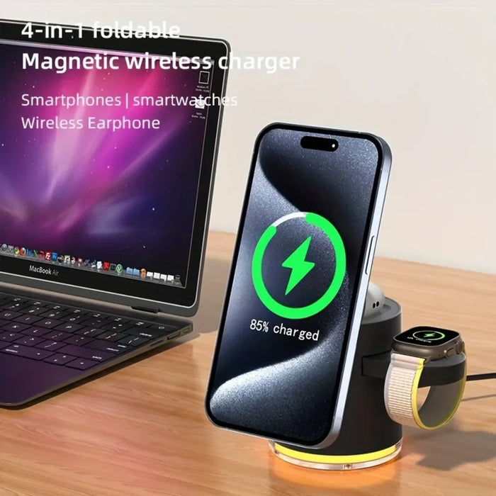 Foldable 4 in 1 Qi2 15W Magnetic Wireless Charger Fast Charging Station for Magsafe iPhone16/15/14/13/12 Apple Watch AirPods Pro