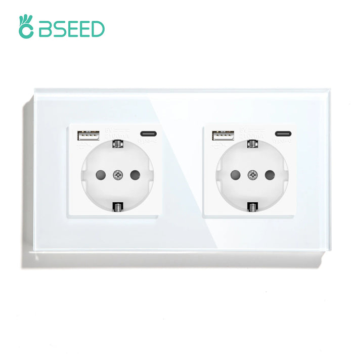 BSEED EU Standard Wall Electrical Sockets Type-C Outlets Wall Power Socket USB Charge Port Glass Panel Kids Protection 16A