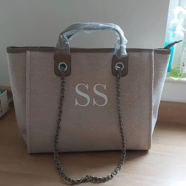Personalised Chain Monogram Canvas Tote Bag Shoulder Bag