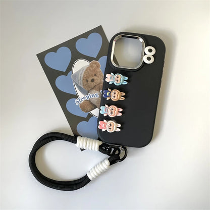 3D labubu Cartoon Phone Case For iPhone 16 15 14 13  Plus Pro Max With Wrist Strap Cute Eyes Soft Cover